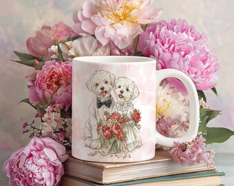 Tazza da caffè personalizzata con decorazioni nuziali maltesi / Ricordo di nozze personalizzato per animali domestici (sposi, cane)