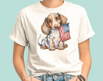 Maglietta con bassotto che tiene in mano la bandiera americana / Maglietta patriottica con cane bassotto