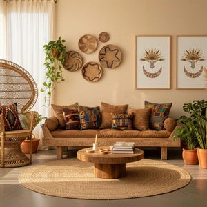 African boho wall art set of 6 prints displayed in a warm living room with earthy tones, featuring tribal masks, geometric patterns, and nature-inspired designs in wooden frames above a brown leather sofa with terracotta cushions