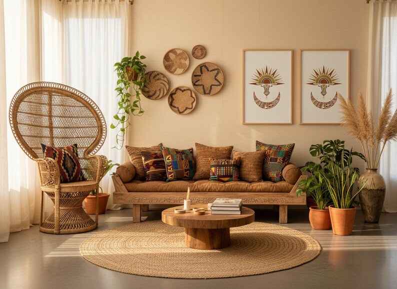 African boho wall art set of 6 prints displayed in a warm living room with earthy tones, featuring tribal masks, geometric patterns, and nature-inspired designs in wooden frames above a brown leather sofa with terracotta cushions