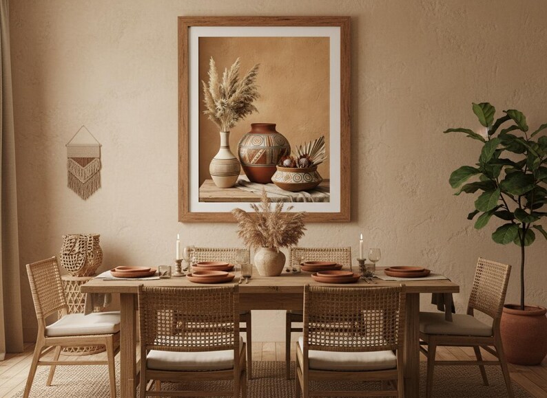 African pottery still life art print framed above a boho dining table. The artwork features traditional clay vases and dried botanicals in warm brown and terracotta tones. Natural wood dining set with woven chairs completes the earthy Afrohemian aesthetic