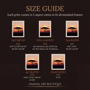 Size guide showing all 6 African boho art prints available in 5 standard frame ratios: 2x3, 3x4, 4x5, 11x14, and DIN-A. Each print is displayed as a thumbnail with warm earth tones in orange, brown, and gold