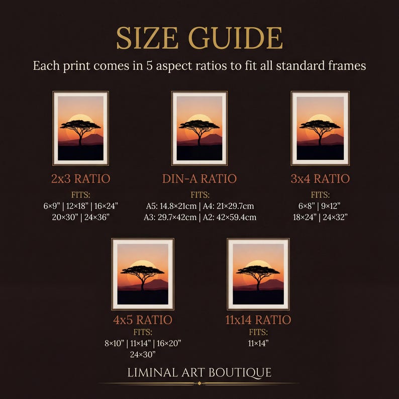 Size guide showing all 6 African boho art prints available in 5 standard frame ratios: 2x3, 3x4, 4x5, 11x14, and DIN-A. Each print is displayed as a thumbnail with warm earth tones in orange, brown, and gold