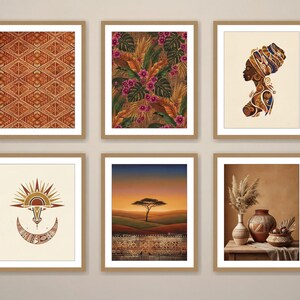 Set of 6 African boho art prints grid layout showing all designs: tribal mask, geometric textile, tropical leaves, abstract woman portrait, sun symbol, and earthy landscape in warm brown and gold tones