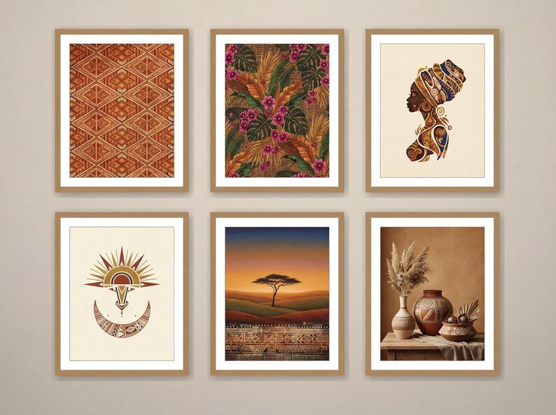 Set of 6 African boho art prints grid layout showing all designs: tribal mask, geometric textile, tropical leaves, abstract woman portrait, sun symbol, and earthy landscape in warm brown and gold tones