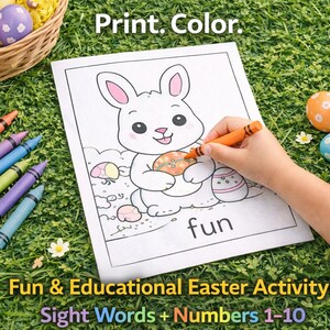 Può includere: Una pagina da colorare con un coniglietto dei cartoni animati e la parola "fun" viene colorata con una matita arancione. L'immagine include un cestino di uova di Pasqua, pastelli e il testo "Fun & Educational Easter Activity!" e "Sight Words + Numbers 1-10."