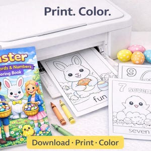 Può includere: Un libro da colorare a tema pasquale e pagine da colorare stampate con un coniglietto e un pulcino. L'immagine include pastelli, uova di Pasqua decorative e una stampante. Il testo sul libro recita "Easter Sight Words & Numbers Coloring Book."