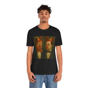 Trump & Musk Funny Clown Art Unisex Tee, Gift for Clown Lovers, Unique Graphic T-Shirt, Halloween Costume, Circus Theme Apparel