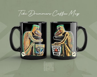 Enchanted Tiki Drummers Black Ceramic Coffee Mug | Available in 11oz or 15oz | Great Gift for Tiki Fans