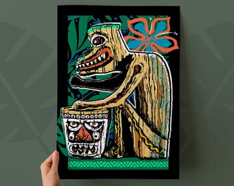 Enchanted Tiki Room Drummer fan Art Print, Tiki Bar Decor - Available as Print or Canvas