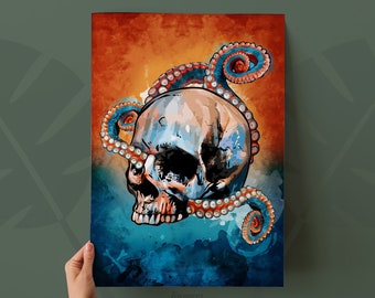 Nautical Octopus Skull Art Print, Beach House Nautical Tiki themed Home Decor, Kraken, Tiki Bar Art, Skull poster, Nautical Wall Art