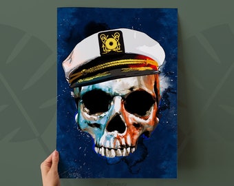 Nautical Skull Art Print, Beach House Nautical themed Home Decor, Skull Painting, Nautical Tiki Art, Tiki Decor, Sailing art, Skull poster