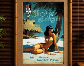 Aloha Delight Tiki Noir Art Print, Vintage Hawaiian Pin Up Poster, Tropical Beach Girl Wall Decor, Mid Century Tiki Bar Artwork