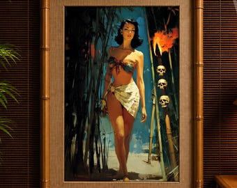 Vintage Pin-Up Tiki Art Print – Tropical Noir Femme Fatale, Skull Island Decor, Retro Exotic Wall Art, Dark Coastal Jungle Art by Doc Martin