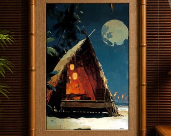Moonlit Secret Beach Tiki Hut Art Print – Tropical Noir Beach Shack Wall Art – Moody Island Decor – Vintage Tiki Night Scene