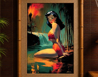 Vintage Tiki Noir Pinup Art Print – Femme Fatale Jungle Waterfall Illustration – Retro Tropical Noir Wall Decor by Doc Martin