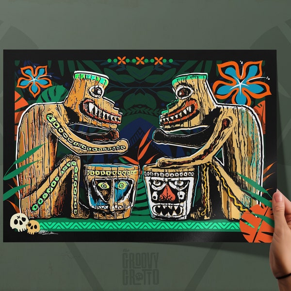 Enchanted Tiki Room Drummers Art Print | Tropical Tiki Bar Decor - Available as Print or Canvas