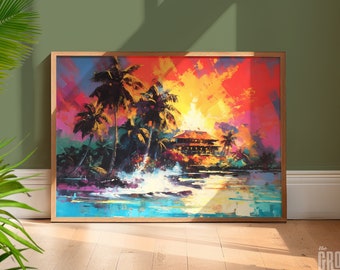 French Polynesia Fantasy Island Art Print | Vintage Travel Art | Tropical Tiki Bar Decor - Available as Print or Canvas