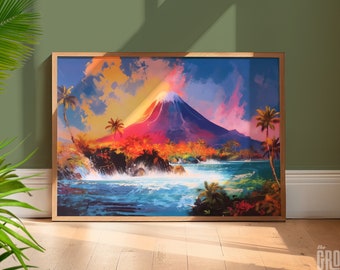 Exotic Volcano Fantasy Island Art Print | Vintage Travel Art | Tropical Tiki Bar Decor - Available as Print or Canvas