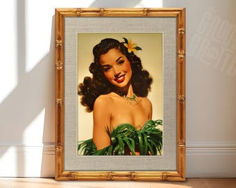 Vintage Pin Up Hula Girl Art, Hawaiian Retro Portrait, Tropical Tiki Bar Decor, Mid Century Wall Art, Classic Pinup Print Canvas