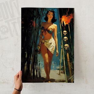 May include: A vintage-style print featuring a woman in a tropical setting. She wears a bikini top and sarong, with bamboo and skulls in the background. The artwork has a retro aesthetic, with a color palette of blues, greens, and browns.