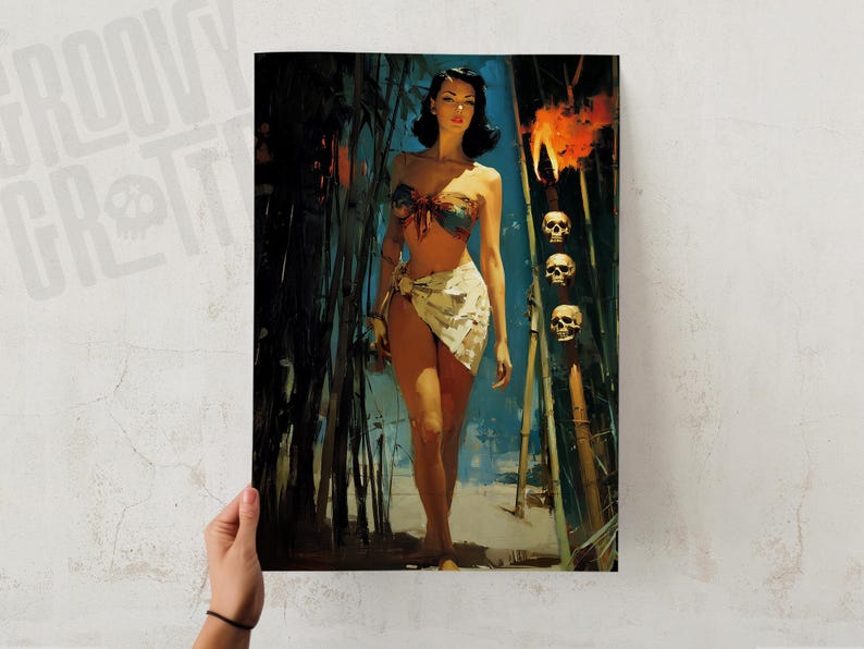May include: A vintage-style print featuring a woman in a tropical setting. She wears a bikini top and sarong, with bamboo and skulls in the background. The artwork has a retro aesthetic, with a color palette of blues, greens, and browns.