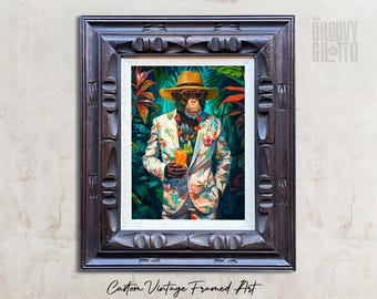 Tiki Bar Monkey Canvas Print – Mid-Century Custom Framed Tropical Lounge Art
