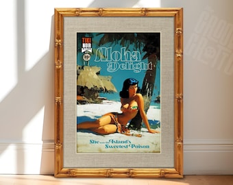 Aloha Delight Tiki Noir Art Print, Vintage Hawaiian Pin Up Poster, Tropical Beach Girl Wall Decor, Mid Century Tiki Bar Artwork