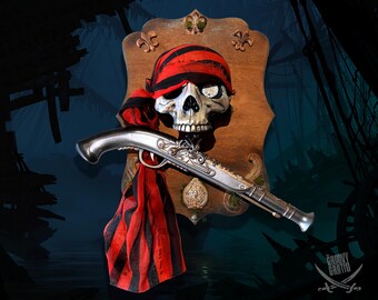 Handmade Buccaneer Pirate Skull Wall Art – Nautical Gothic Pirate Decor with Flintlock Pistol