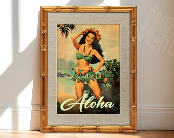 Vintage Hawaiian Hula Girl Art, Aloha Poster, Retro Tiki Bar Decor, Tropical Beach Wall Art, Mid Century Pin-Up Style Print Canvas