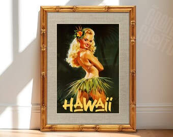 Vintage Hawaiian Pin-Up Girl Art, Hawaii Hula Girl Poster, Retro Tiki Bar Decor, Tropical Wall Art, Mid Century Style Framed Canvas