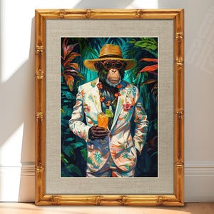 May include: Framed art print of a chimpanzee in a white floral suit, sunglasses, and a straw hat, holding a cocktail. The artwork is set against a lush, tropical background with a gold bamboo-style frame.