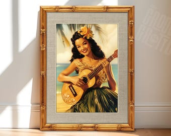 Vintage Hawaiian Hula Girl Ukulele Art, Tropical Beach Print, Retro Island Music Wall Decor, Mid Century Pin Up Style Canvas Art