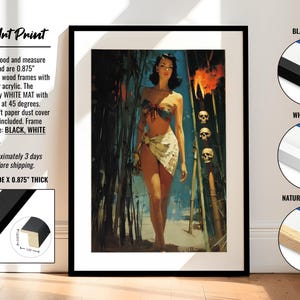 May include: Framed art print featuring a vintage-style illustration of a woman in a tropical setting. The artwork is framed in a black frame, with a white mat. The frame is 1.25 inches wide and 0.875 inches thick.