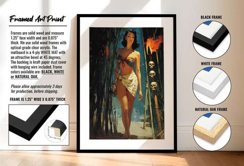 May include: Framed art print featuring a vintage-style illustration of a woman in a tropical setting. The artwork is framed in a black frame, with a white mat. The frame is 1.25 inches wide and 0.875 inches thick.
