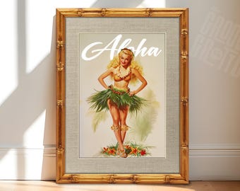 Vintage Hawaiian PinUp Art, Aloha Hula Girl Poster, Retro Tiki Bar Decor, Tropical Wall Art, Mid Century Style Pinup Print Canvas