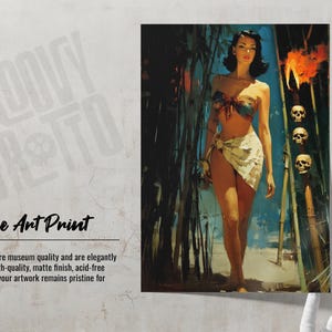 May include: Fine art print featuring a vintage-style illustration of a woman in a tropical setting. The artwork depicts a woman in a bikini and sarong, with bamboo and skulls in the background. The print is labeled "Fine Art Print".