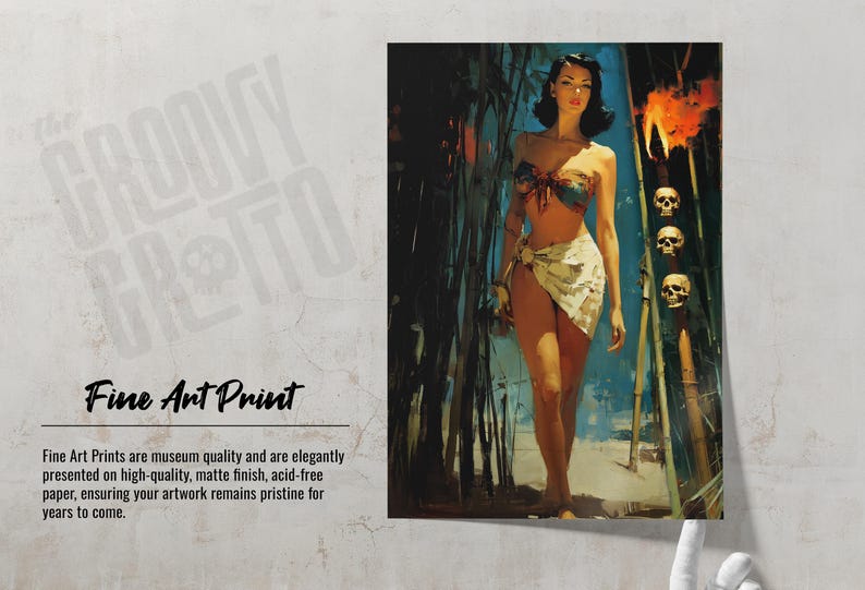 May include: Fine art print featuring a vintage-style illustration of a woman in a tropical setting. The artwork depicts a woman in a bikini and sarong, with bamboo and skulls in the background. The print is labeled "Fine Art Print".
