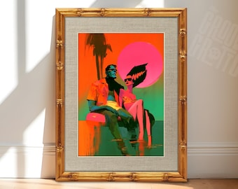 The Franks Monster Honeymoon Art Print | Tropical Horror Wall Decor | Dark Tiki Gothic Couple Art
