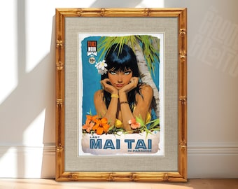 Last Mai Tai in Paradise – Tiki Noir Pin-Up Art Print, Tropical Pulp Cover Style Wall Art, Vintage Island Illustration