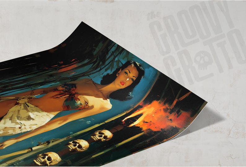May include: A vintage-style print featuring a woman in a tropical setting with skulls and fire. The artwork has a retro aesthetic with a dark blue and orange color palette. The Groovy Grotto logo is visible in the background.