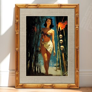 May include: Framed vintage-style print featuring a woman in a bikini and sarong, walking through bamboo. The artwork has a retro aesthetic with a gold bamboo-style frame. Skulls are visible in the background, adding a touch of intrigue.