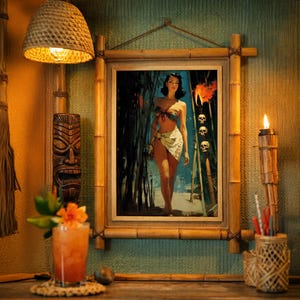 May include: A framed print of a woman in a tropical setting, framed with bamboo. The image is part of a tiki bar scene, with a woven lamp, a tiki mask, a cocktail, and a lit torch. The color palette is warm, with oranges, browns, and greens.