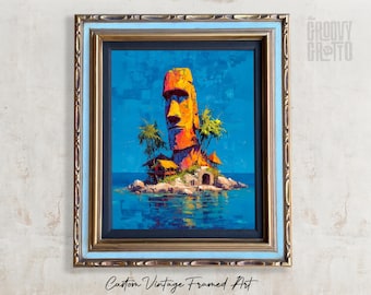 Moai Island Tiki Art, Vintage Framed Canvas Print, Tropical Bar Decor