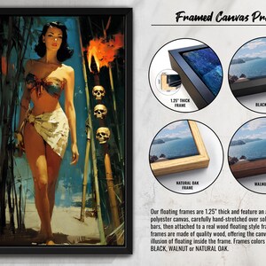 May include: Framed canvas print featuring a vintage-style illustration of a woman in a tropical setting. The artwork is presented in a black frame, with options for black, walnut, and natural oak frames. The frames are 1.25 inches thick.