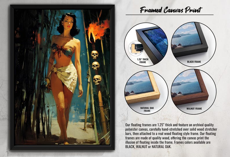 May include: Framed canvas print featuring a vintage-style illustration of a woman in a tropical setting. The artwork is presented in a black frame, with options for black, walnut, and natural oak frames. The frames are 1.25 inches thick.