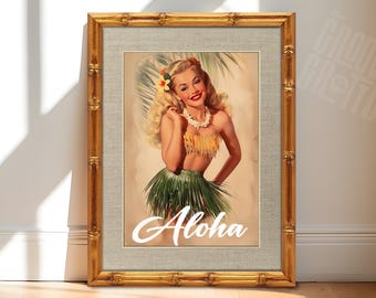 Vintage Hula Girl Pin Up Art, Aloha Hawaiian Retro Glam Wall Decor, Soft Tropical Coastal Print, Mid Century Feminine Art Gift