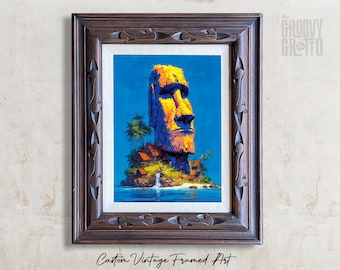 Moai Island Tiki – Vintage Framed Canvas Print, Easter Statue Wall Art