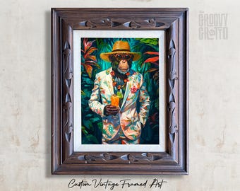 Tiki Bar Monkey Canvas Print – "Banana Bob", Mid-Century Custom Framed Tropical Lounge Art