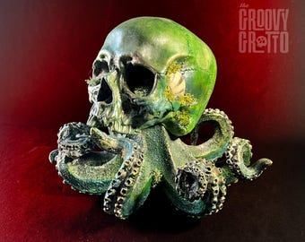 Handmade Octoskull Nautical Tiki Bar sculture – Pirate Skull with Octopus Tentacles Decor